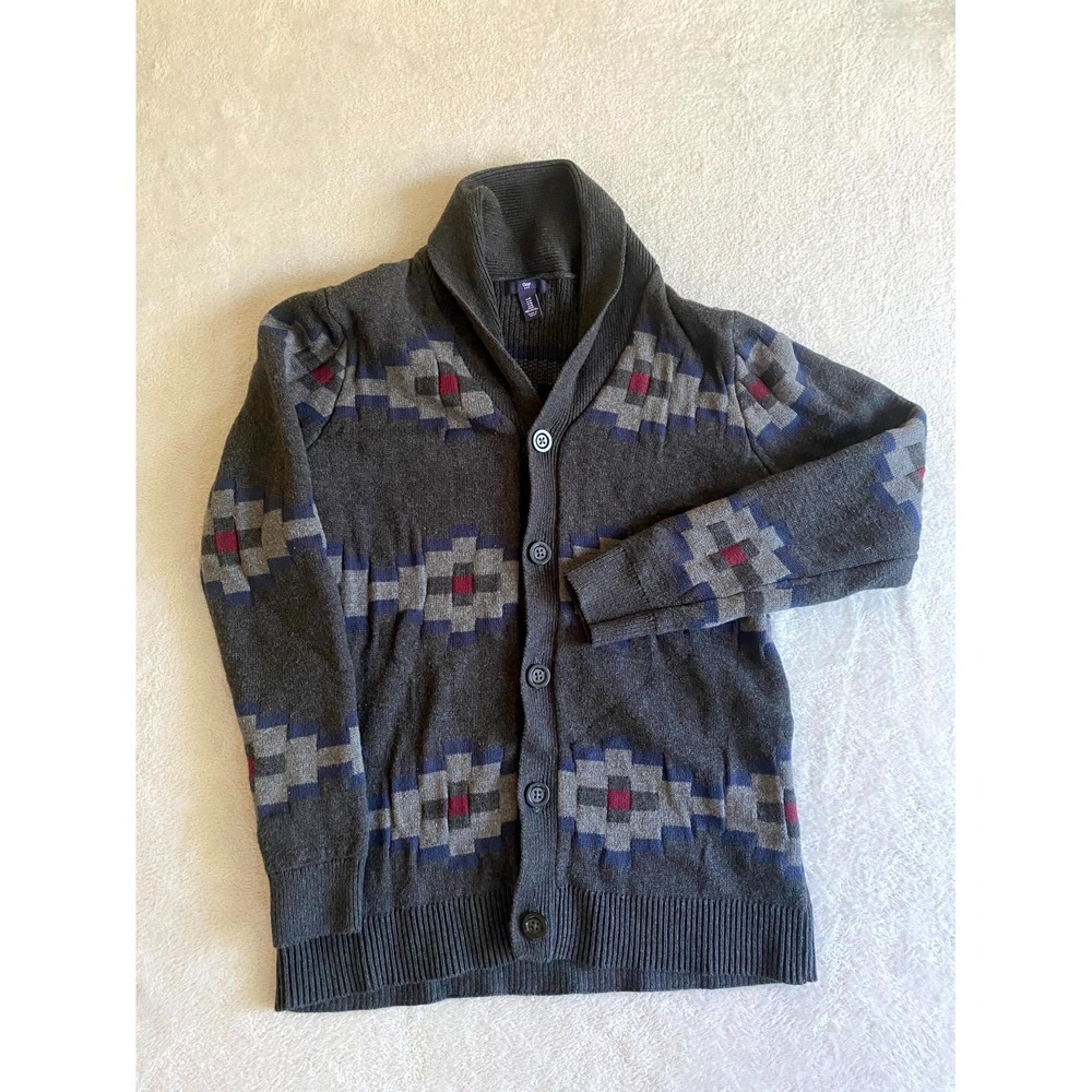 Gap Cardigan Sweater Mens Medium Gray Cotton Geometric Tight‎ Knit Shawl Collar